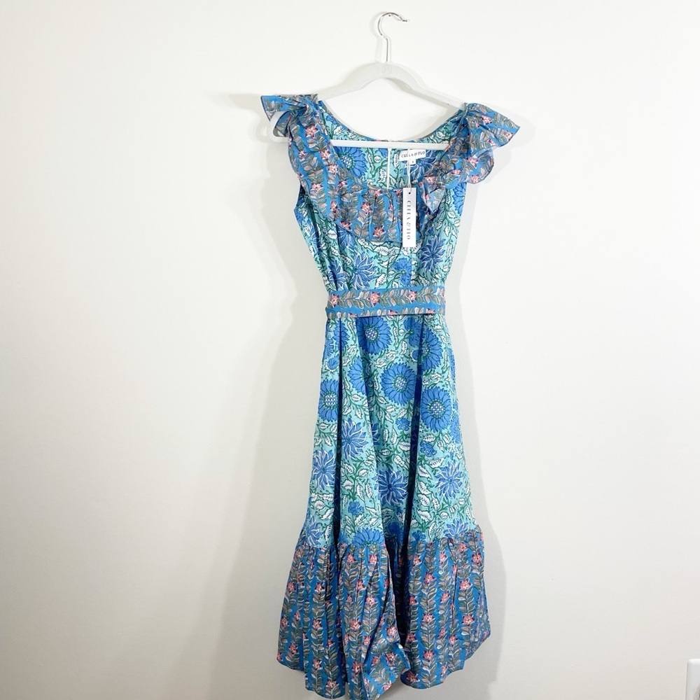 NWT Cella and Flo Floral Printed Midi Ruffle Tie Dress Size 4